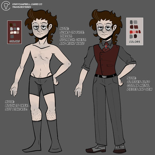 A character reference sheet which shows an original character clothed and unclothed (yet still modest) for use as a reference.