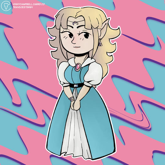 Princess Zelda from A Link to the Past in a chibi art style. She stands in front of a flashy background that meshes with her retro design.