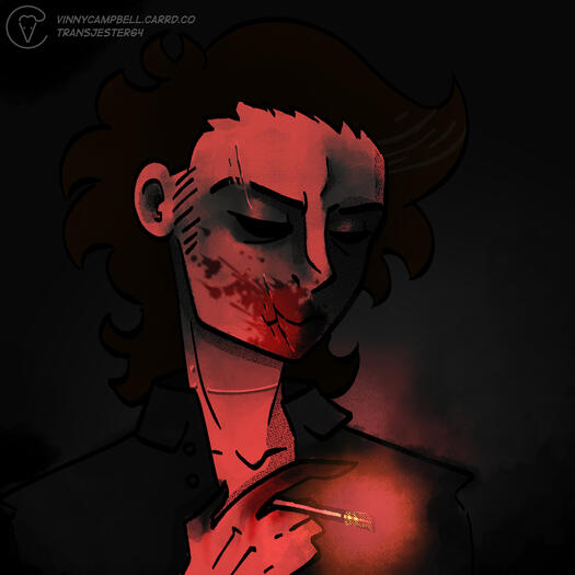 A digital art piece which includes a headshot of a vampire character. Blood splatters on his mouth and hands as he holds a lit cigarette. He appears unhappy and serious.